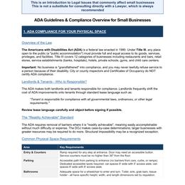First page of the "ADA Guidelines & Compliance Overview for Small Businesses" handout, showing the New Business Community Law Clinic letterhead and sections on ADA physical space requirements.