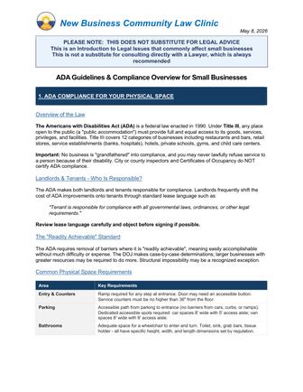 First page of the "ADA Guidelines & Compliance Overview for Small Businesses" handout, showing the New Business Community Law Clinic letterhead and sections on ADA physical space requirements.