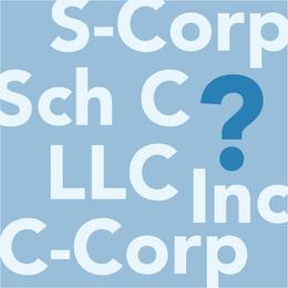 Illustration of overlapping business entity type labels (S-Corp, LLC, C-Corp, Sch C, Inc) around a large question mark, representing entity structure decision-making.