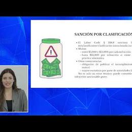 Video still of a presenter beside a slide titled "Sanción por Clasificación" listing California worker misclassification penalties.